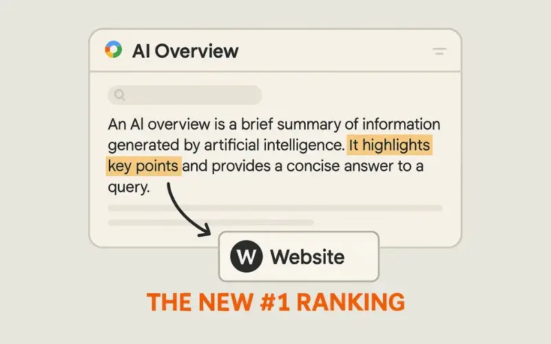 A mockup of a Google AI Overview showing a website being cited as a source, illustrating the new SEO goal of getting citations. 