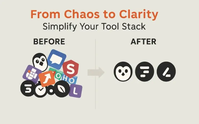 A graphic showing the consolidation of a messy tech stack, a key step in ending social media tool fatigue. 