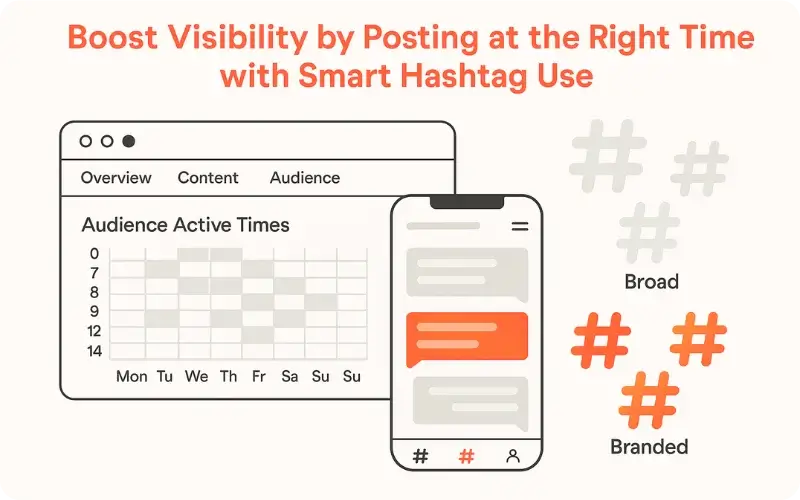 Increase Social Media Engagement by posting at optimal times and using smart hashtag strategies like broad and branded tags