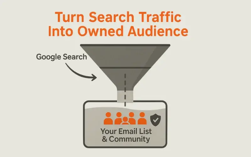 A funnel showing how to convert website traffic into a protected email list, a key strategy for surviving Google AI Overviews. 