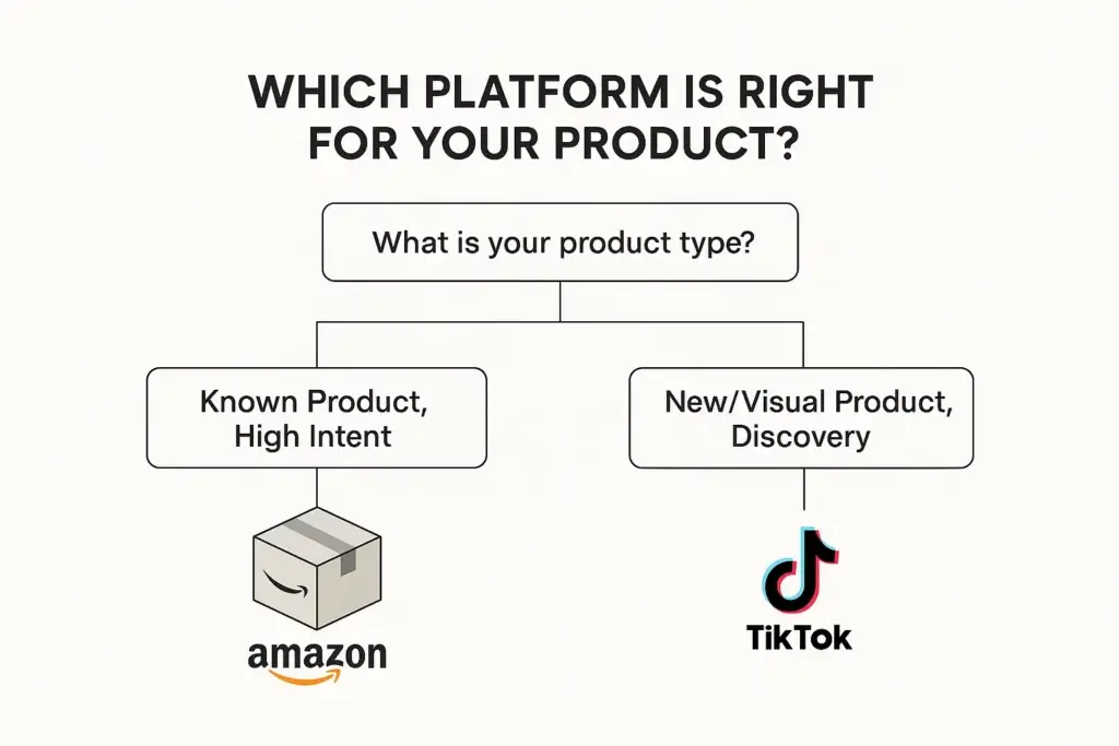 A decision tree helping sellers choose between TikTok Shop vs Amazon Ads based on their product.