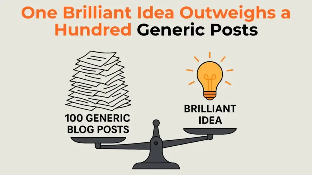 A visual showing that one great idea has more impact than 100 generic posts, a key part of fixing the AI Productivity Paradox.
