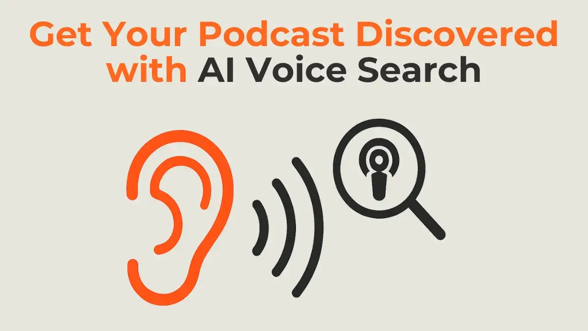 A person using AI voice search on a smart speaker to discover a podcast. 