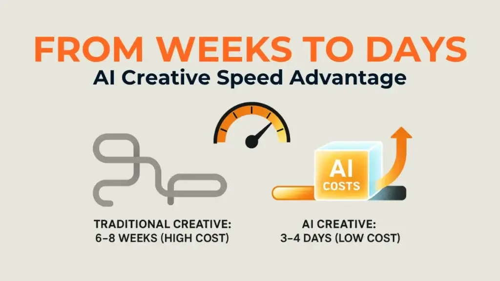 An infographic showing how AI creative cost reduction dramatically speeds up campaign production compared to traditional workflows. 
