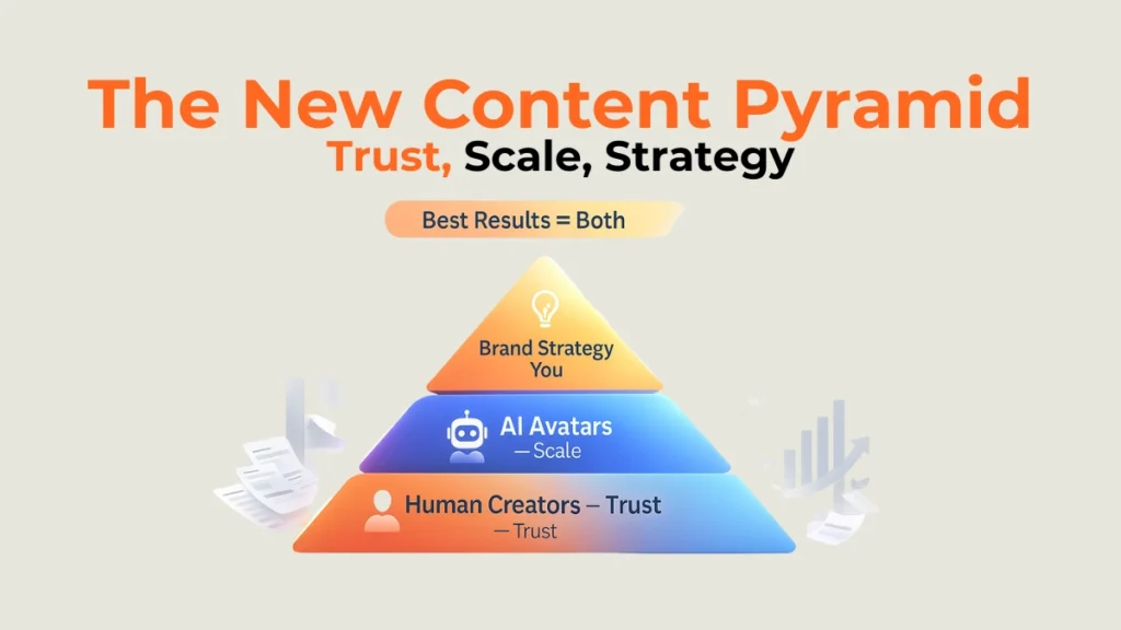 Infographic showing how human creators, AI avatars, and brand strategy work together in influencer marketing. 