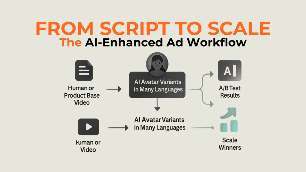 Infographic showing a simple workflow for producing and scaling AI avatar influencer ads. 