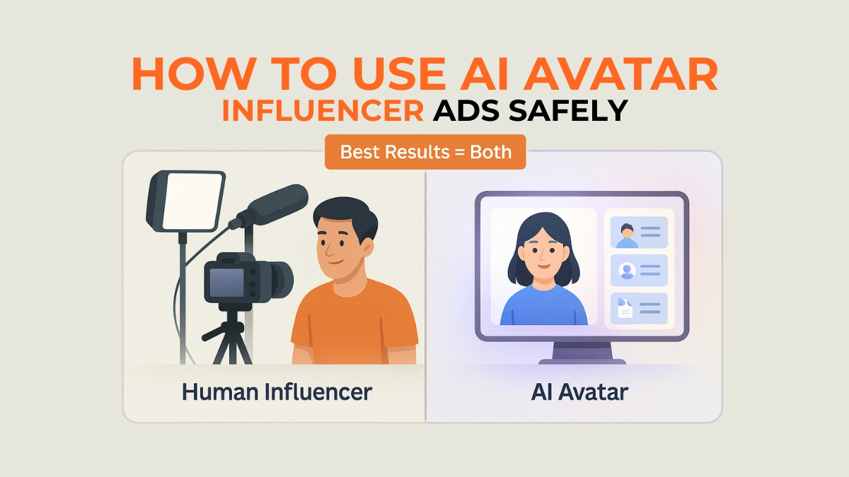 Infographic comparing human influencers and AI avatar influencer ads, showing that the best results often come from using both.