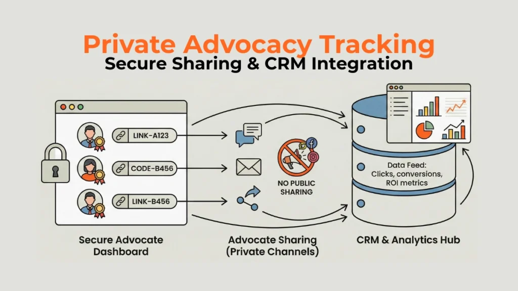Diagram of private tracking system connecting advocates to measurable ROI while restricting public sharing options.