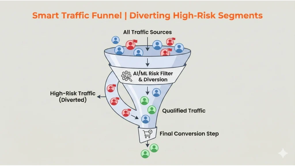 Visual representation of a marketing funnel with a filter diverting high-risk traffic away. 