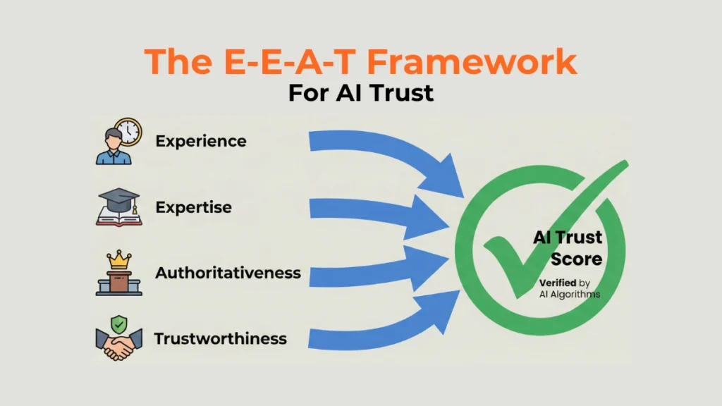 Infographic showing the four E-E-A-T pillars directly impacting the AI Trust Score.