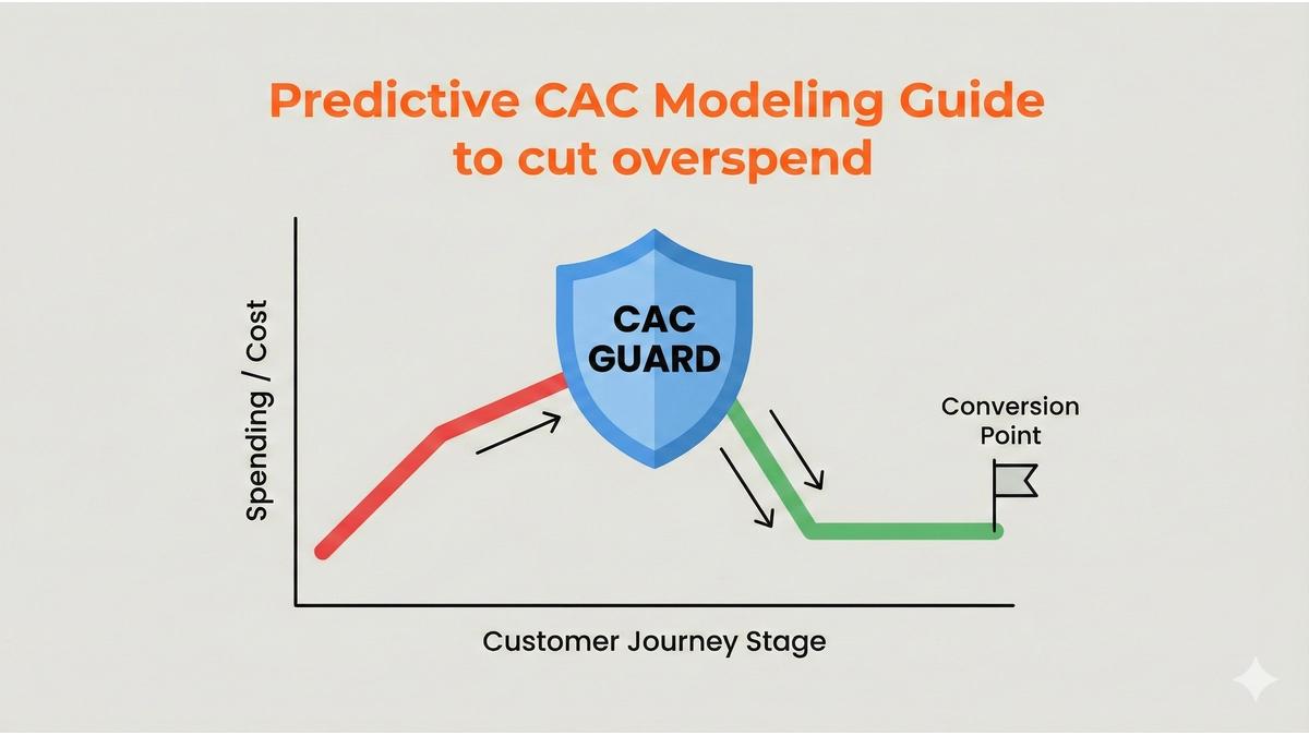 Graphic illustrating Predictive CAC Modeling Guide stopping high customer acquisition cost spending early.