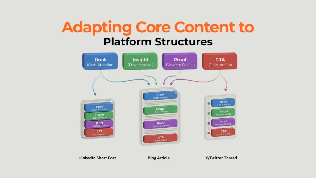 Chart showing how core content components adapt to different platform structural requirements.