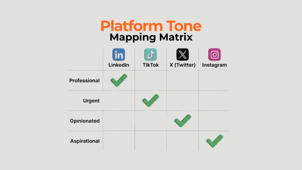 Tone mapping matrix showing required voice for major social platforms.