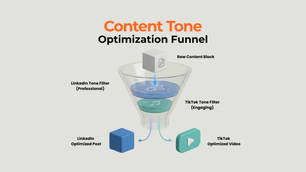 Visual of content being refined by platform-specific tone filters.