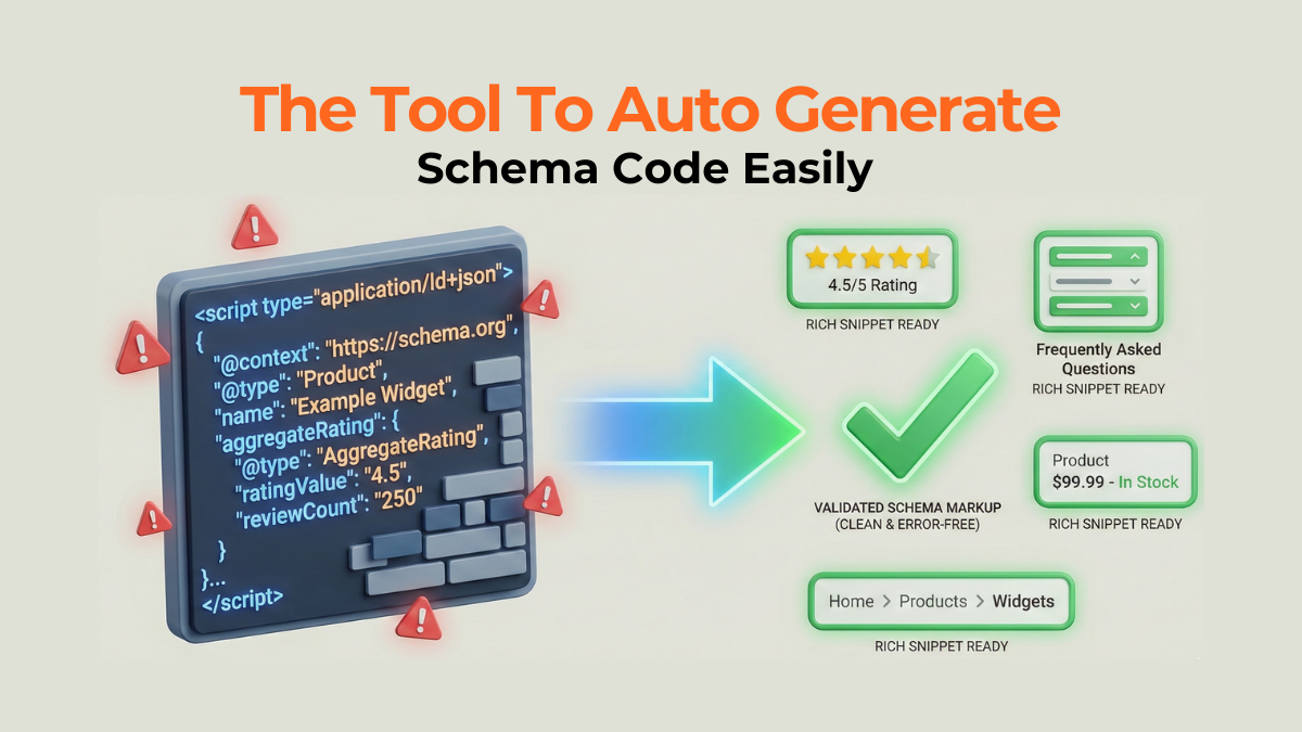 Graphic illustrating raw structured data code being validated and automatically generated into schema markup.