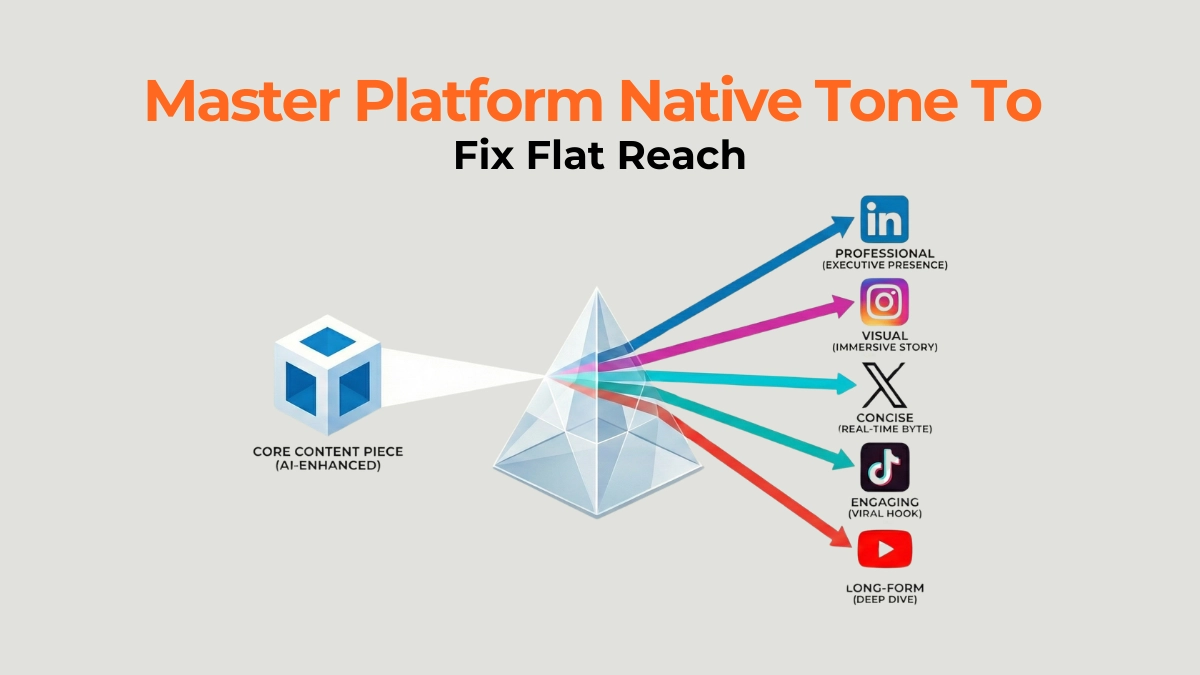 Graphic showing one piece of content being atomized into platform-native formats to master native tone