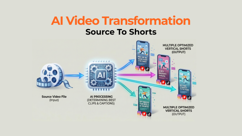 Diagram showing an AI tool transforming one source video into multiple optimized vertical short-form clips