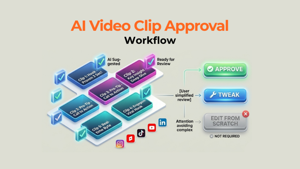 Mockup of a dashboard showing an easy approval workflow for AI-suggested video clips.