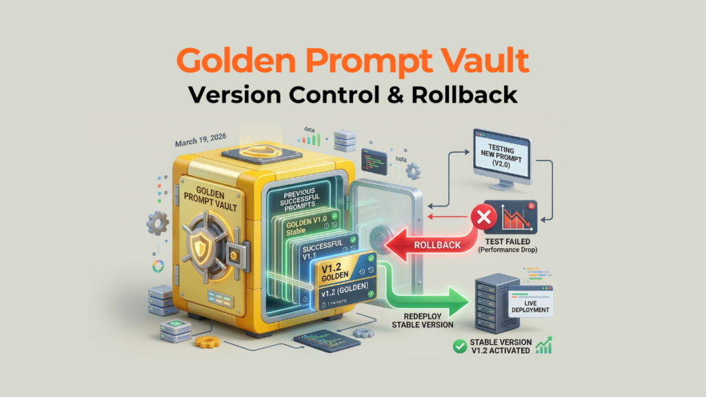 Diagram showing a version control vault for AI prompts ready for rollback deployment.