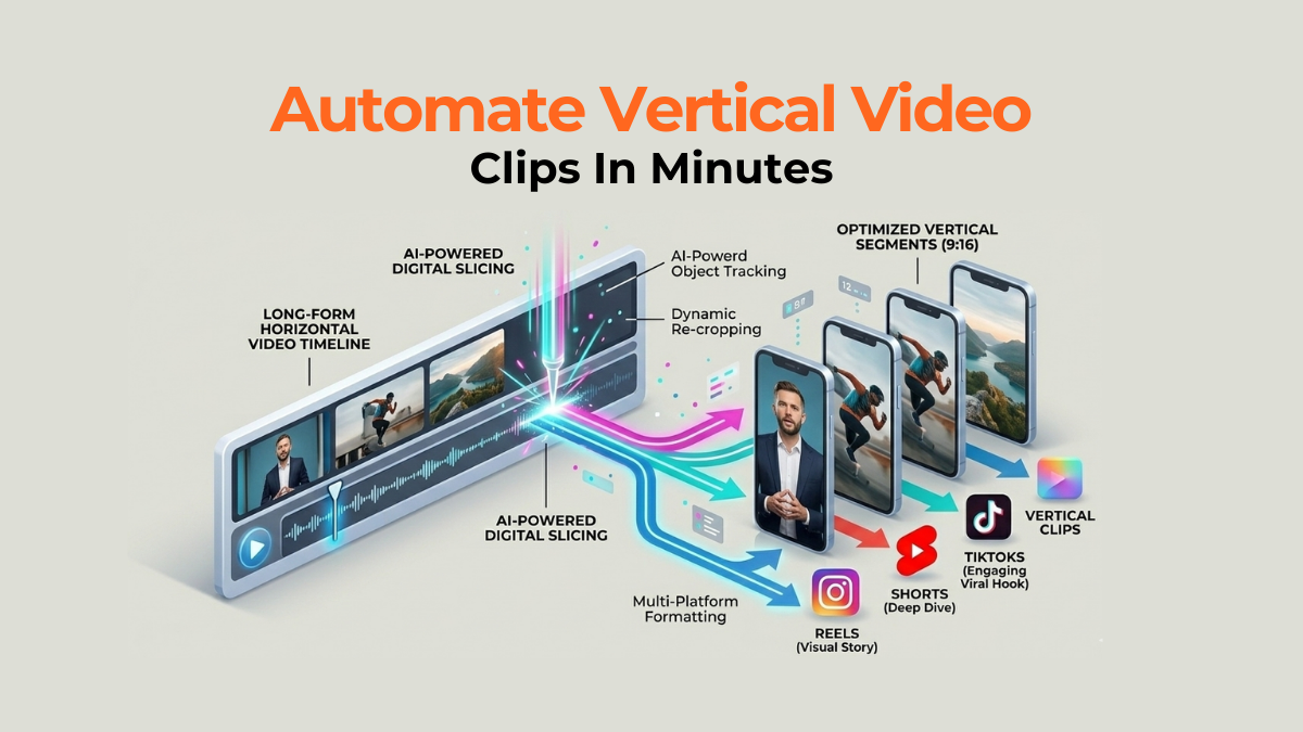 Graphic illustrating a long video being automatically chopped into optimized vertical clips for Reels and Shorts.
