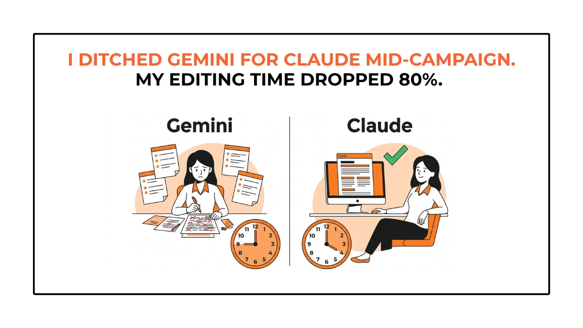 A split-screen infographic comparing Gemini's data-heavy output versus Claude's publish-ready marketing content writing in 2026.